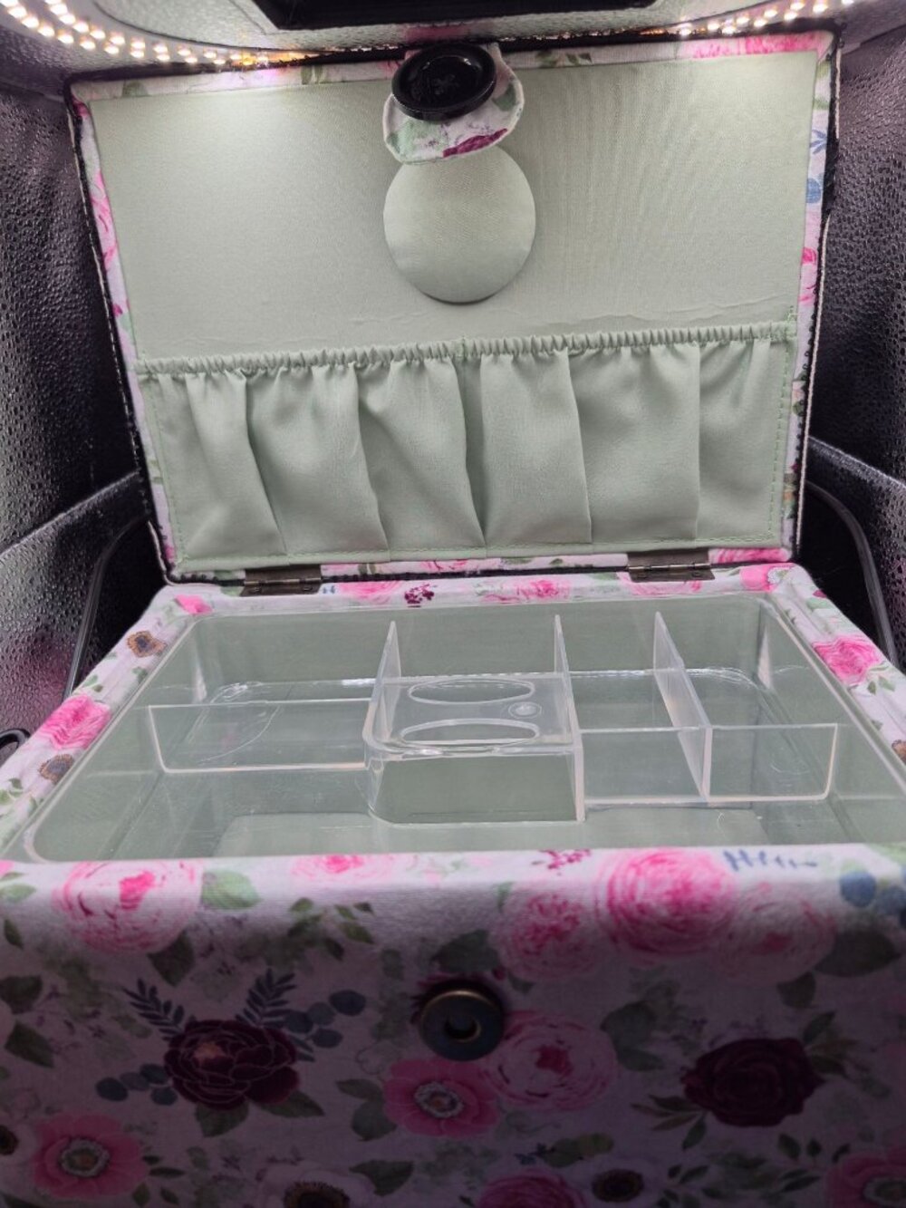 Floral Sewing Box Handle Tray Compartments Organizer For Craft Supplies - Picture 3 of 9